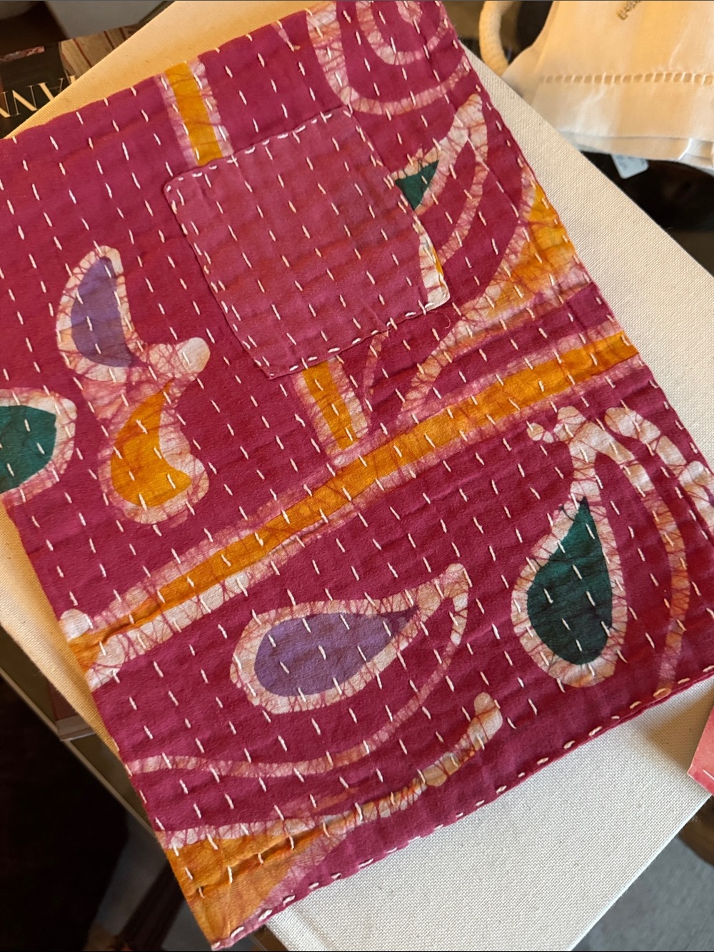 Hand-Quilted Kantha Pink Yellow & Green Paisley Kitchen Tea Towel/ Dish Cloth